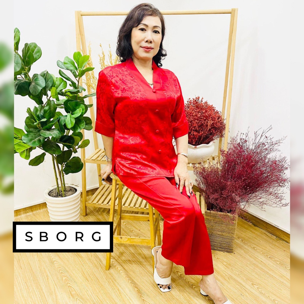 Bộ mặc nhà trung niên SBORG pijama gấm lụa cao cấp cổ chui tay lửng sang trọng quần trơn có túi bigsize 50-85kg tặng mẹ