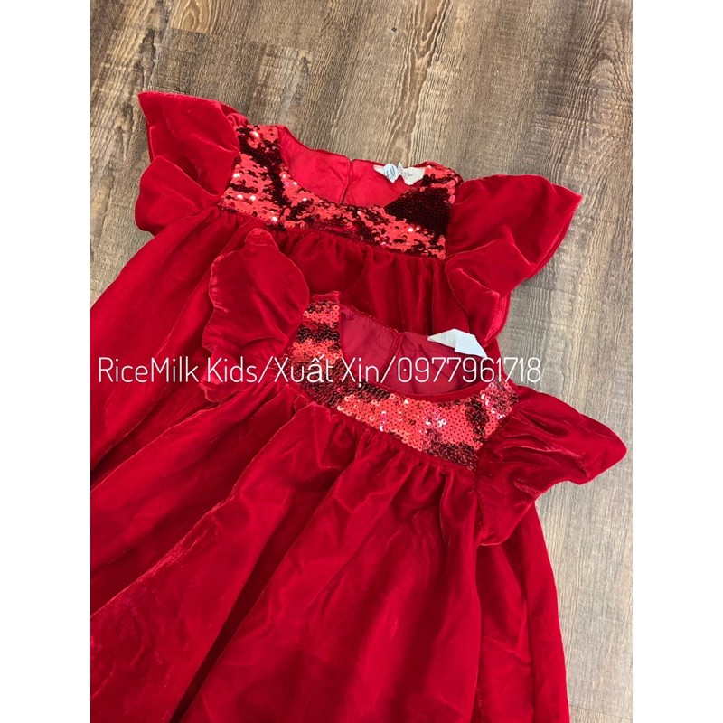 Váy Đầm Nhung Đỏ Tay Hến xuất xịn cho bé gái
