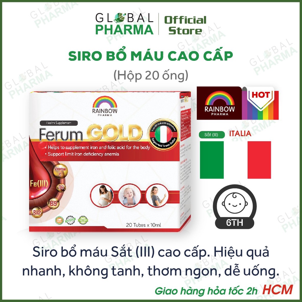 [NL NHẬP Ý] Siro Sắt III Bổ máu cho Mẹ, bé, Phụ nữ trong kỳ kinh (Vị ngon) (Hộp 20 Ống) - RAINBOW PHARMA