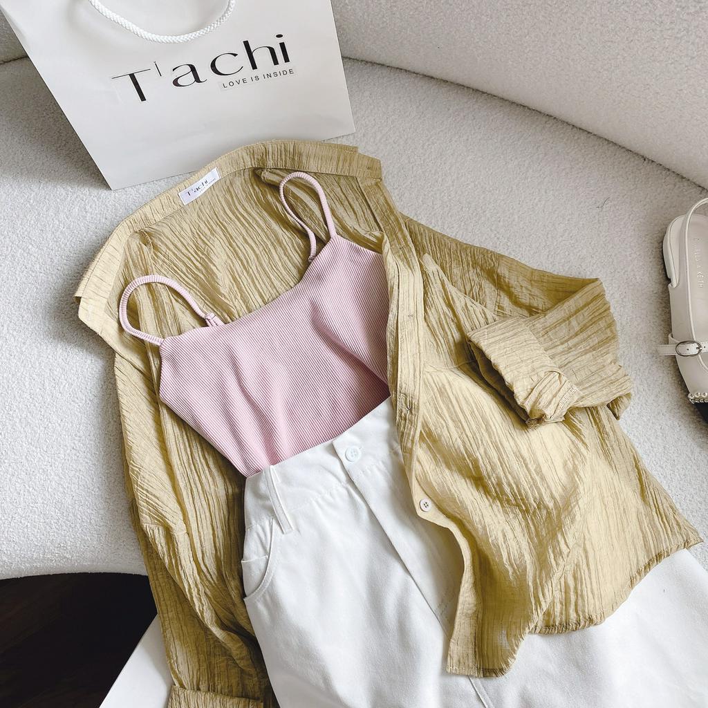 SET 3 MÓN KEM HỒNG: ÁO SƠ MI XƯỢC KEM ĐẬM + ÁO LÓT 2 DÂY HỒNG + CHÂN VÁY TRẮNG TƯA (TH)