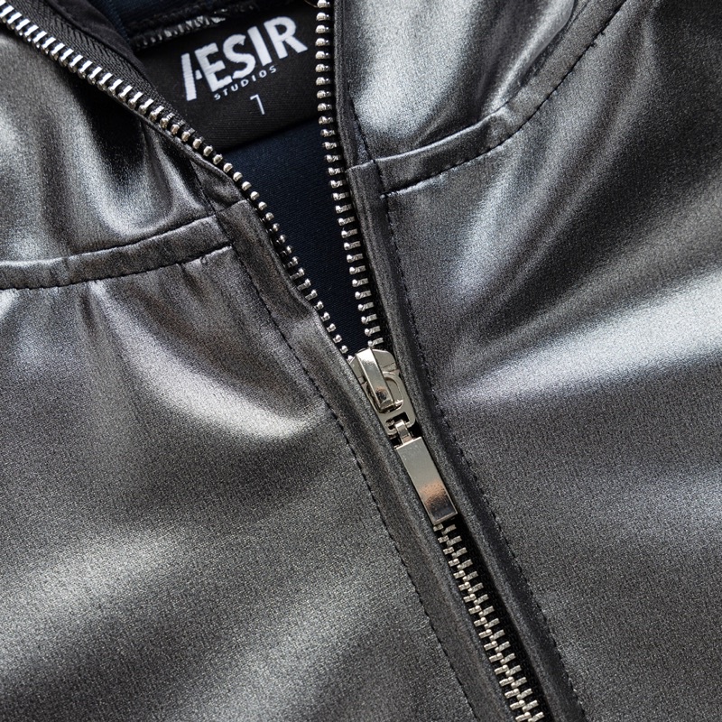 Áo hoodie unisex, chất liệu da có dây kéo trùm mũ thương hiệu Aesir Studios 2 màu bạc,đen - 314