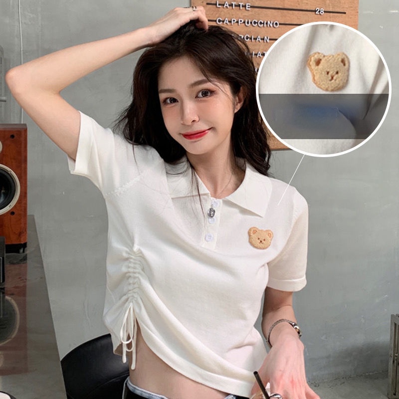 Áo polo Tay Ngắn Phối Dây Rút In Hình Gấu Trắng Thời Trang Mùa Hè Mới Dành Cho Bạn Nữ
