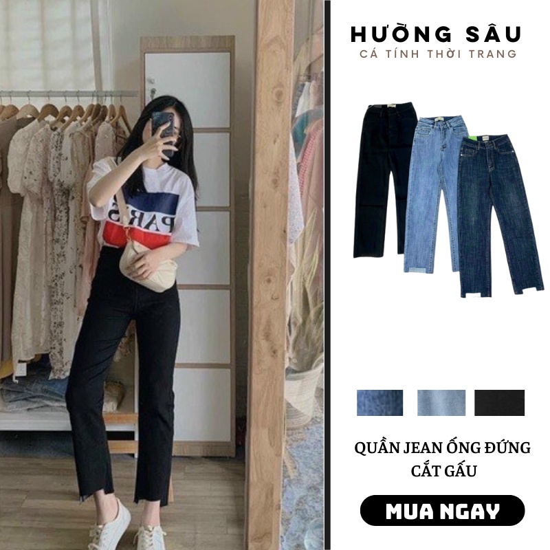 Quần ống đứng trơn lưng cao co dãn, quần jean ống suông nữ cắt gấu xanh đậm - xanh nhạt - đen size SML