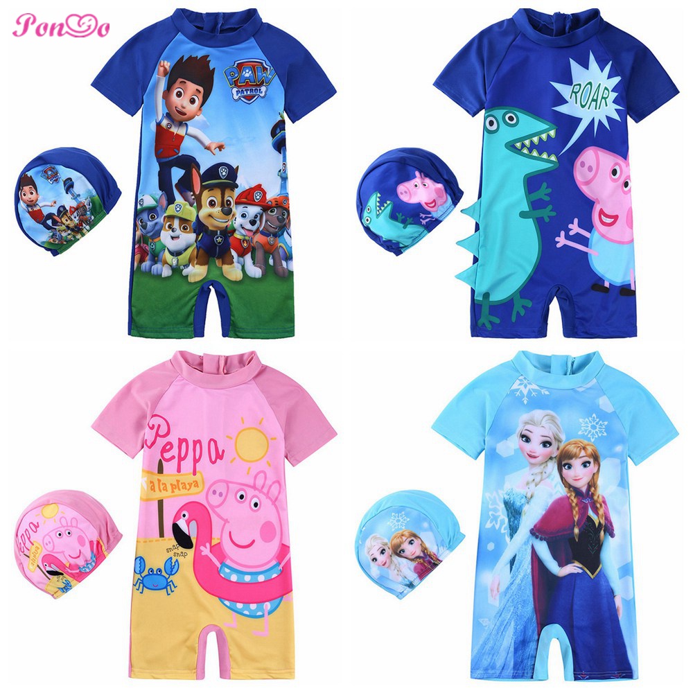 Bộ Đồ Bơi Họa Tiết Hoạt Hình Frozen / Heo Peppa / Người Nhện Kèm Mũ Dành Cho Bé Trai Và Bé Gái 2-12 Tuổi