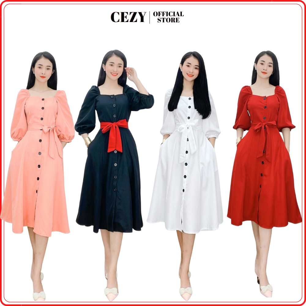 Đầm trơn dự tiệc cổ vuông tay phồng phối nơ có size bigsize Cezy D12