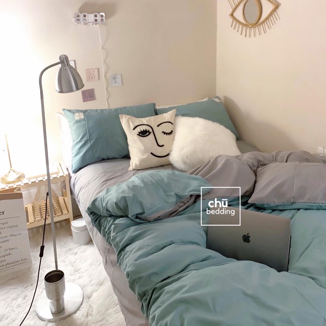 Bộ chăn ga gối cotton đũi: mix ghi xanh mint | BigBuy360 - bigbuy360.vn