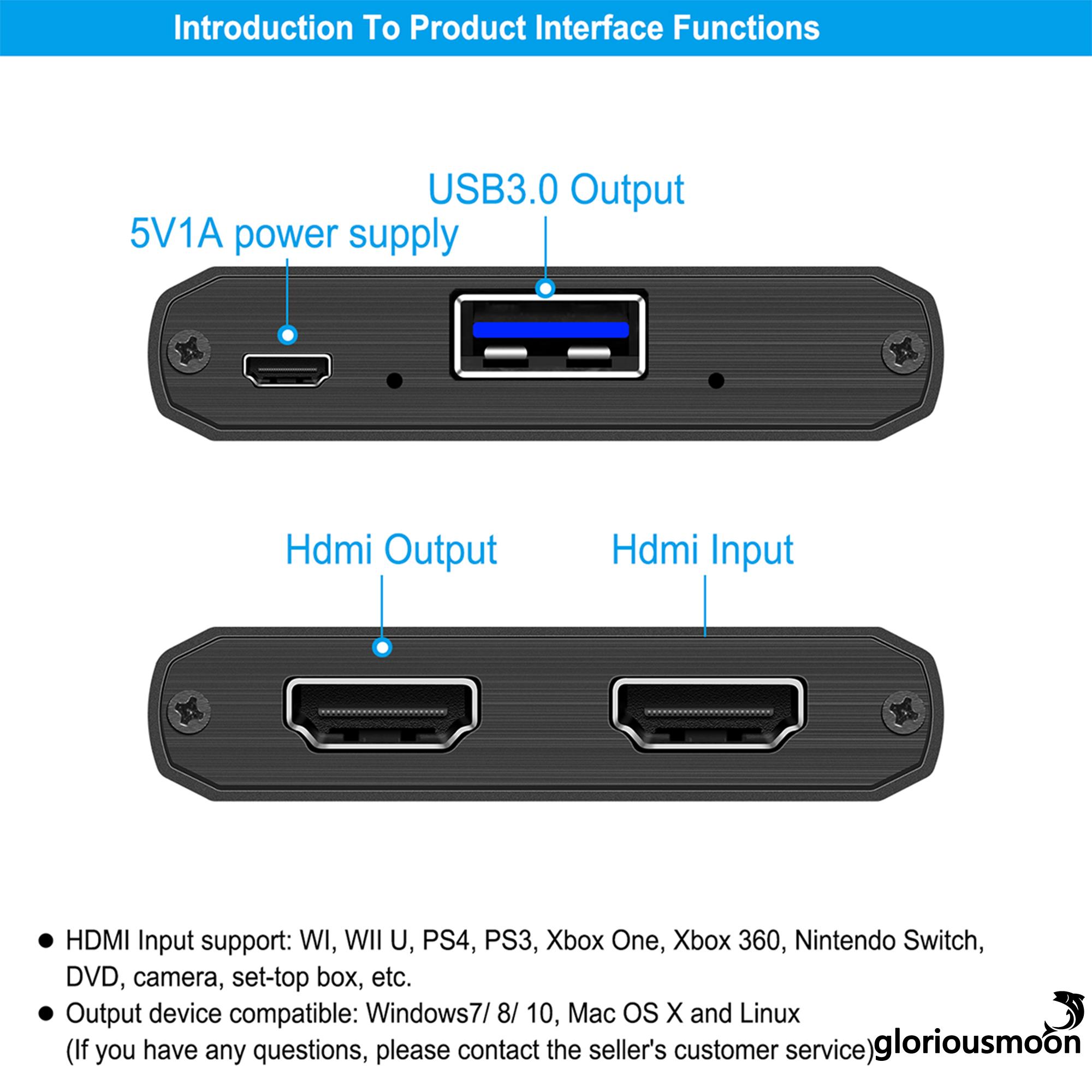 ♟Capture Card, Video Capture Card Device HDMI USB 3.0 Live Streaming Game Recorder Device for Switch PS3 PS4 Xbox Wii U Streaming and Recording