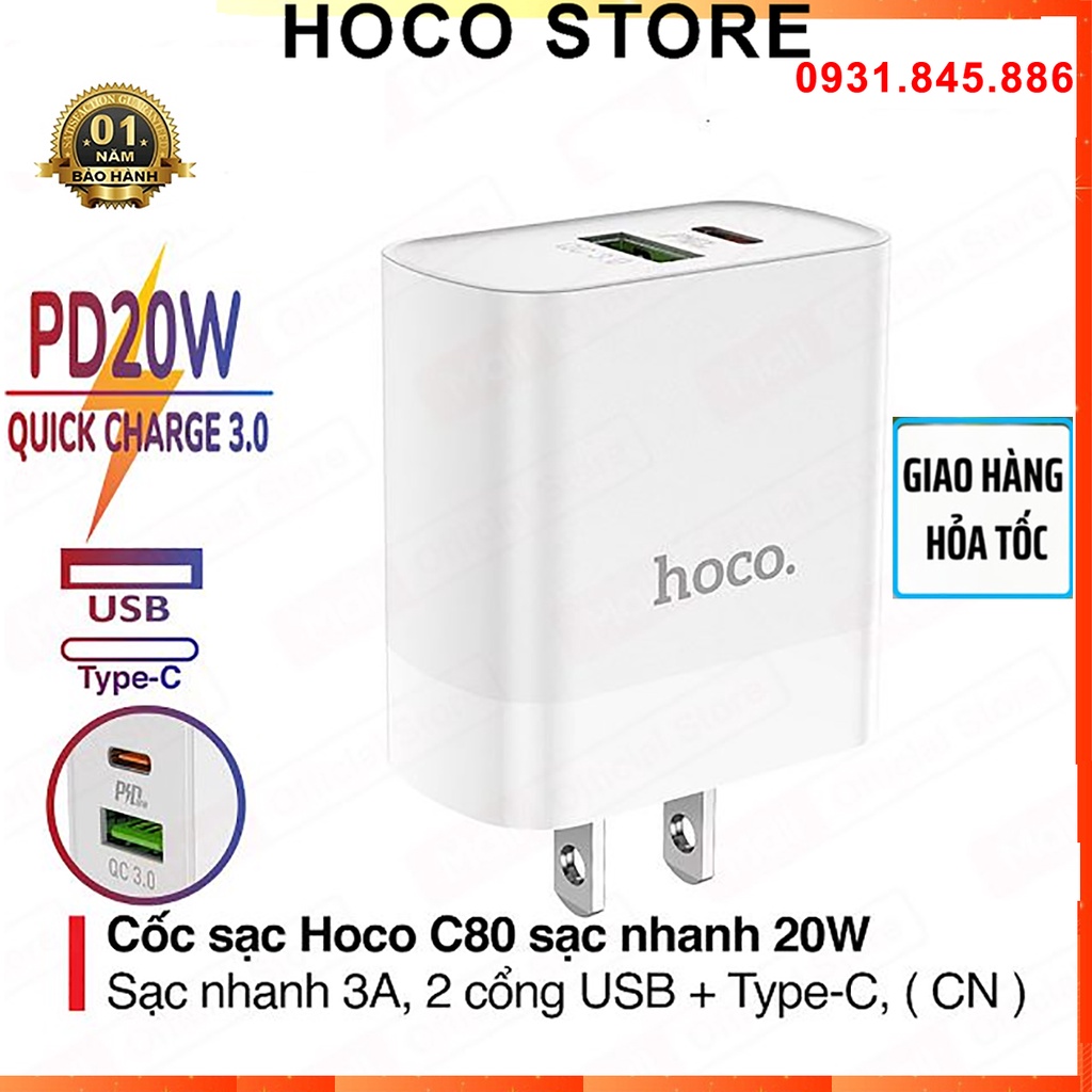 Cốc Sạc Nhanh IPhone 13 12 Promax Cao Cấp PD 20W Hoco C80/C80A 2 cổng USB và Type-C hỗ trợ QC3.0 PD 20W Chính Hãng