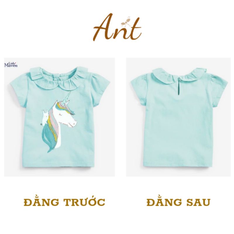 Áo Thun Ngắn Tay Bé Gái Cotton 100% Little Maven Hình Ngựa Pony Xanh Chất Mềm Mát Cho Bé 12-24kg Từ 2-7 Tuổi