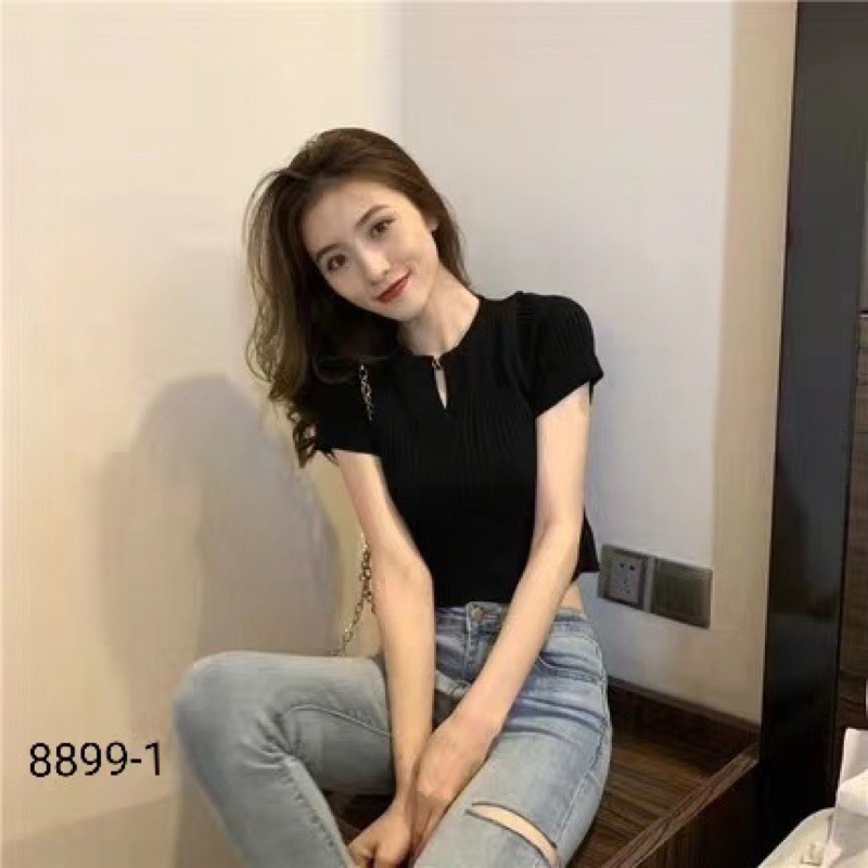Áo len tăm cổ V cộc tay basic