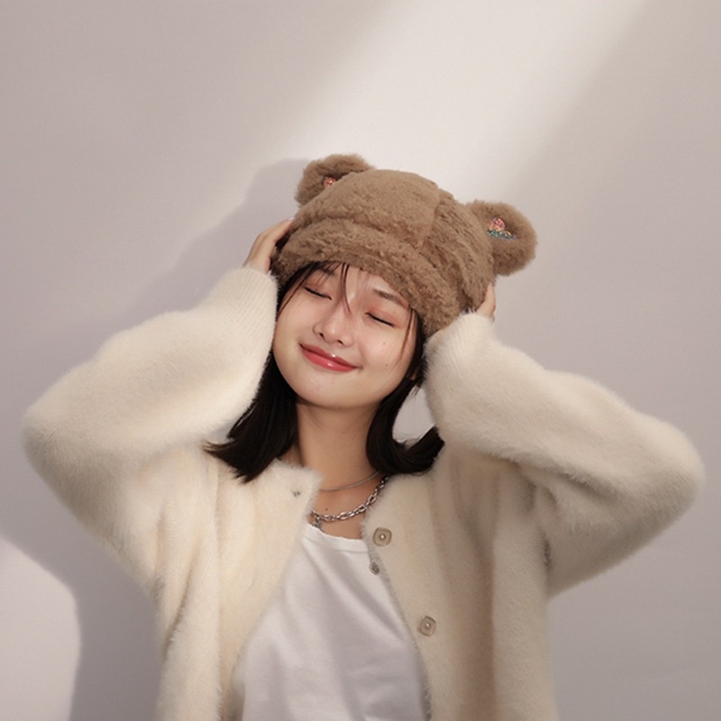 Mũ lông trùm đầu bảo vệ tai hình tai gấu hoạt hình ấm áp dễ thương dễ phối đồ cho nữ