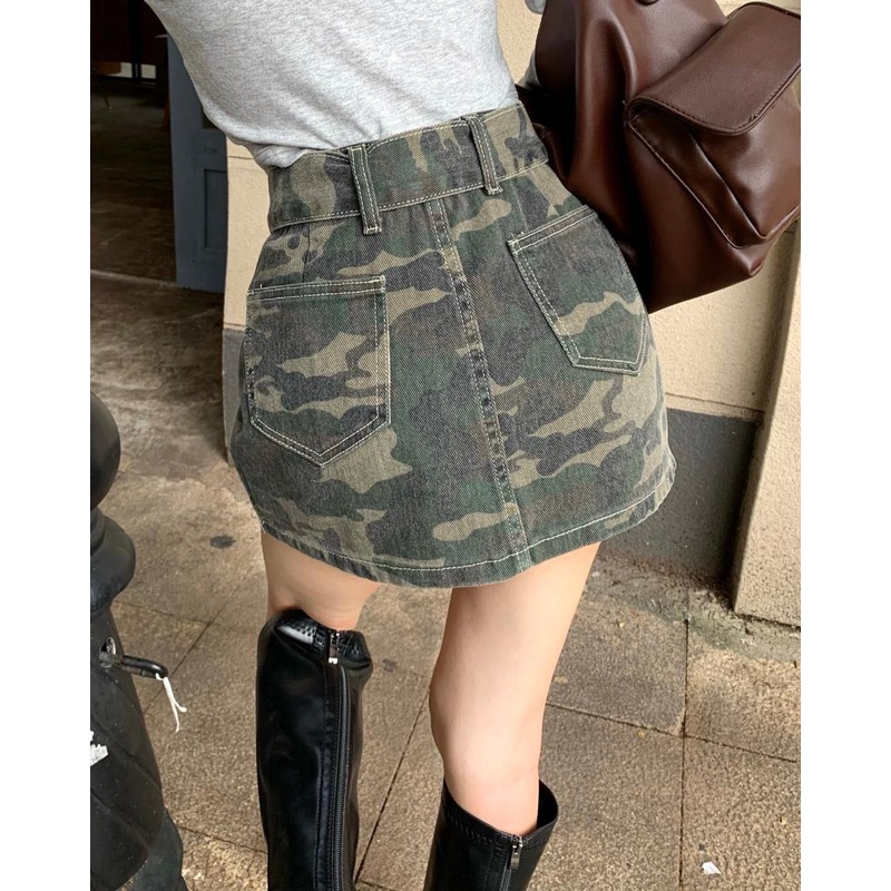 Cocory vn Chân váy jean Chữ A Lưng Cao Thời Trang Retro Cho Nữ