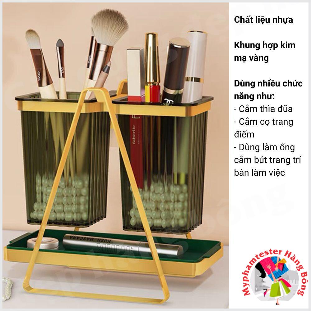 Giá đôi cắm thìa đũa, cọ trang điểm, ống bút xanh sọc để bàn hoặc dán tường siêu chắc