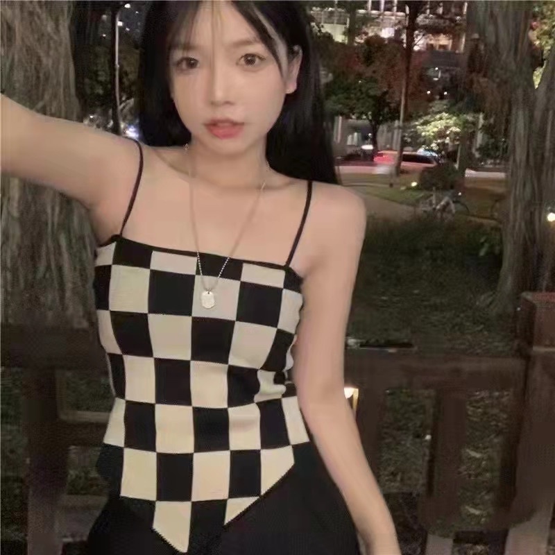 DUNEA Áo Hai Dây Dệt Kim Kẻ Caro Quyến Rũ Thời Trang Cho Nữ