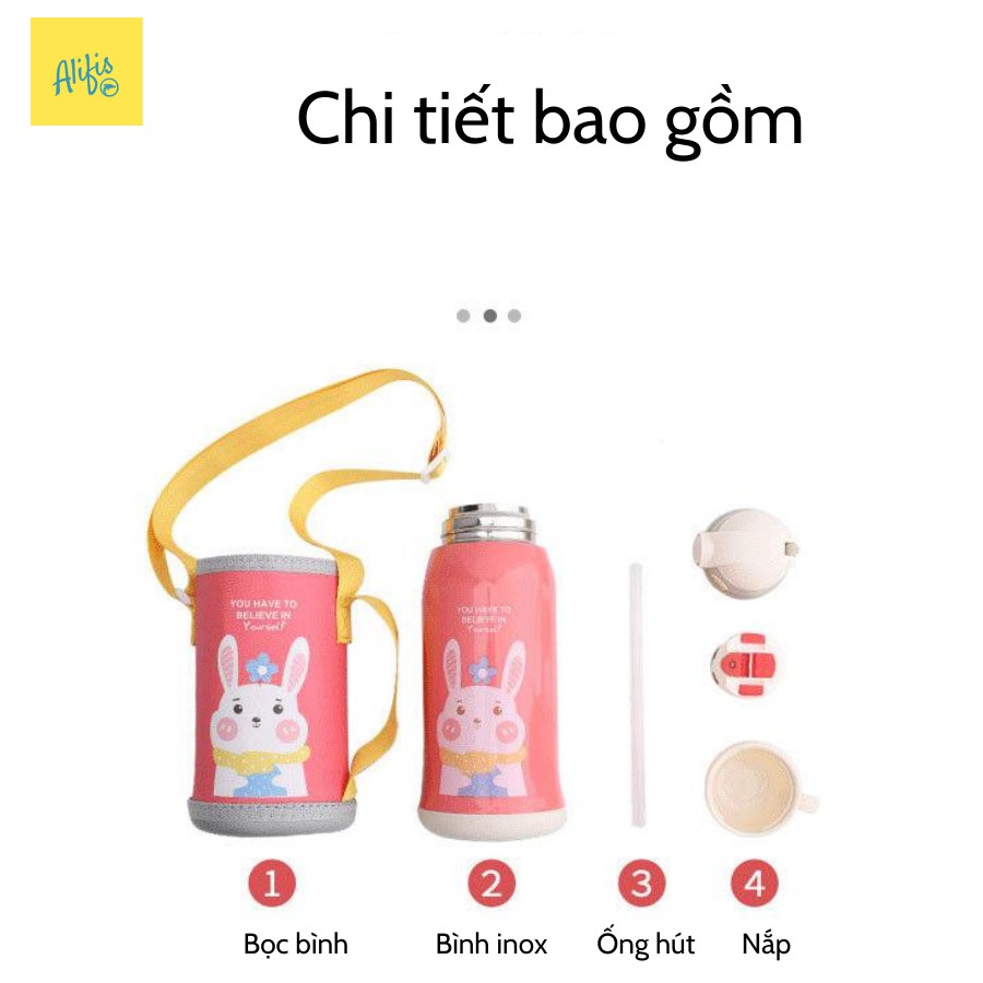 Bình giữ nhiệt, bình giữ nhiệt cho bé inox 304 họa tiết hình thú ngộ nghĩnh 600ml - có 2 nắp tiện dụng