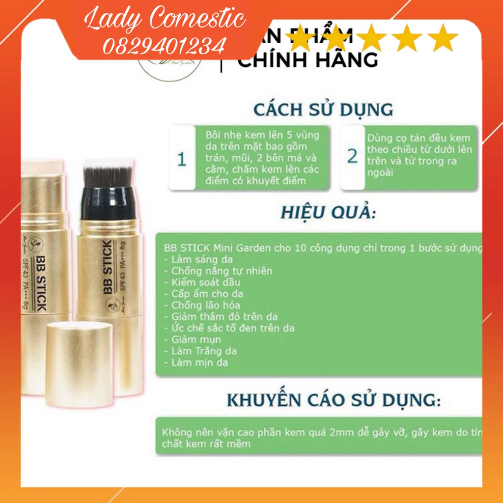 [HÀNG CHÍNH HÃNG] Kem Nền BB Stick Mini Garden SPF 43 PA+++ Dạng Thỏi 8G PV996