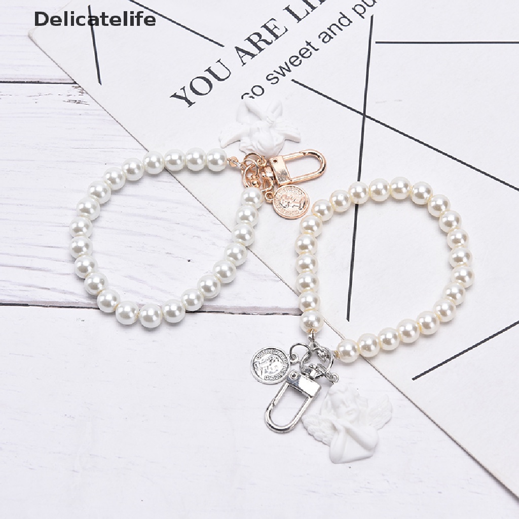 Móc khóa đính hạt ngọc trai giả hình thiên thần màu trắng phong cách vintage cho nữ