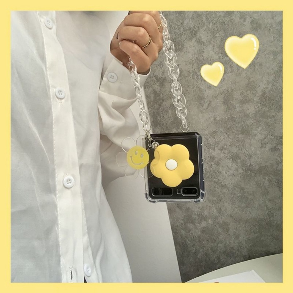 [HOTDEAL] Ốp điện thoại Samsung Z Flip3 / ZFlip3 / Z Flip4/ ZFlip4 trong suốt hoa vàng có dây xách (loại dây ngắn)