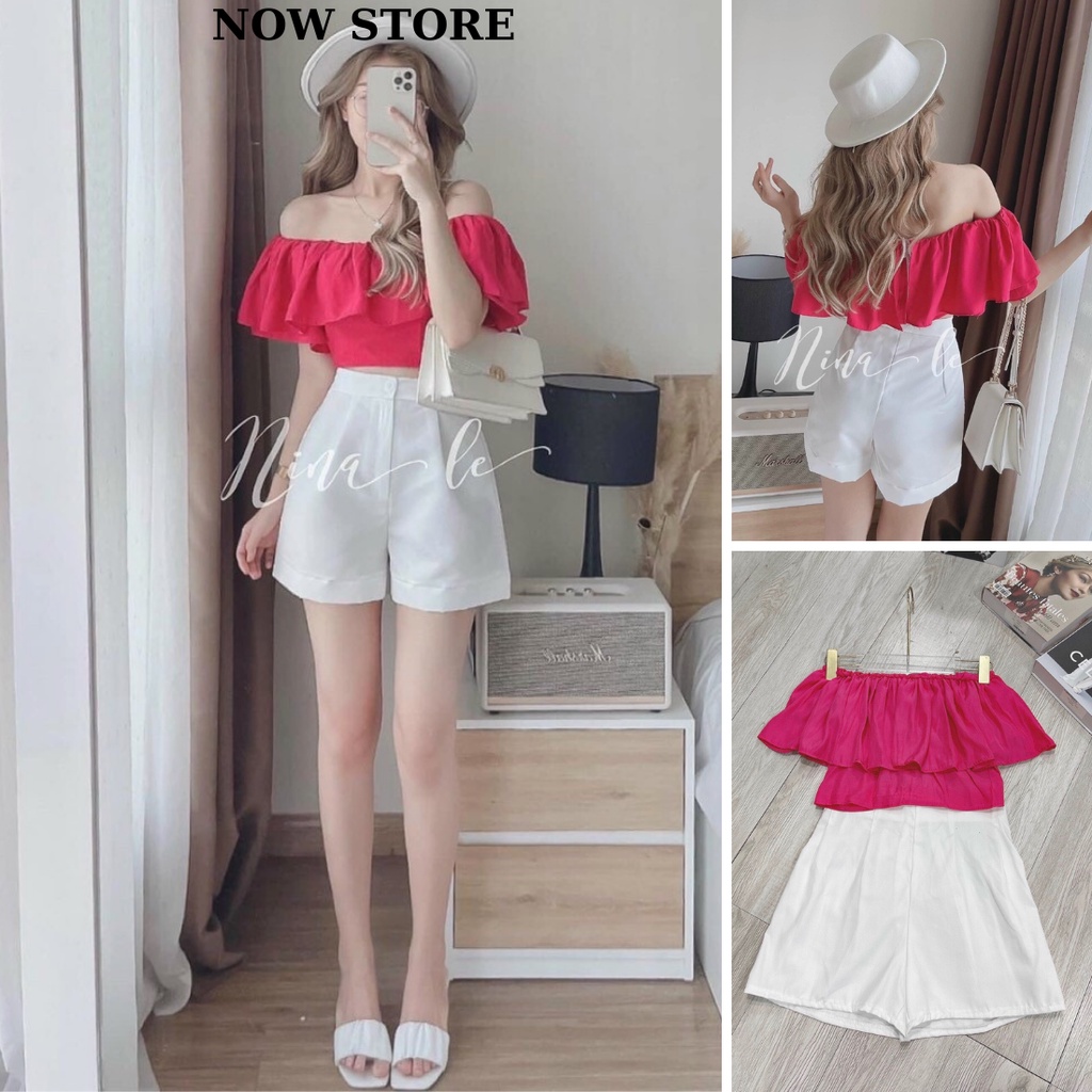 Sét áo trễ vai hồng kèm quần sooc kaki thiết kế sang trọng cá tính phong cách NOW STORE 244