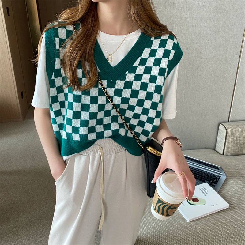 Áo croptop không tay phối sọc caro sành điệu