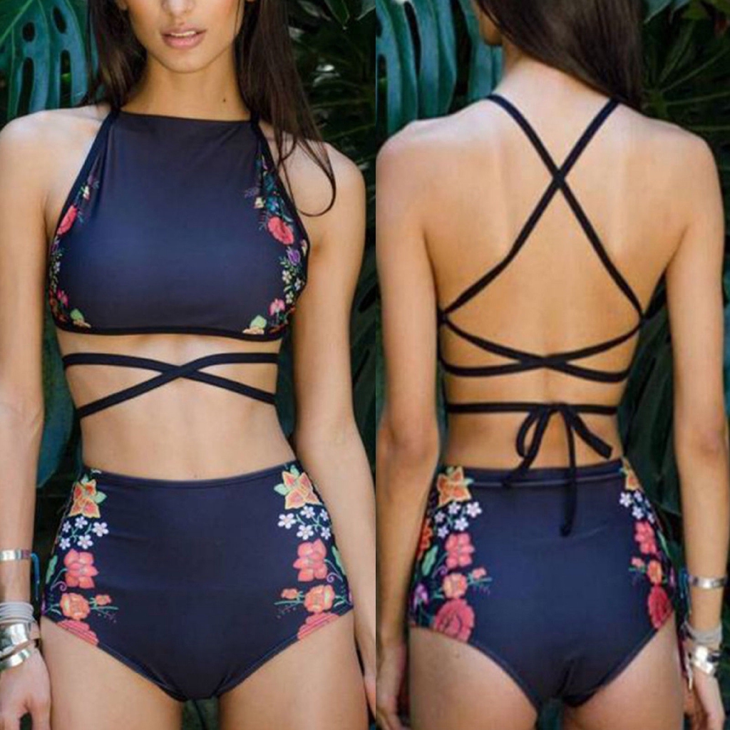 Bộ đồ bơi 2 mảnh quần lưng cao + áo thiết kế hở lưng cho phái nữ