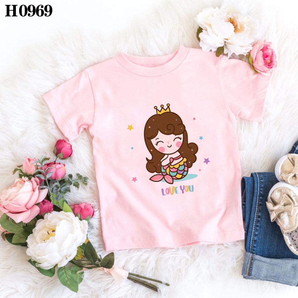 Áo Thun In Hoạt Hình Nàng Tiên Cá Dễ Thương Thời Trang Mùa Hè Cho Bé Gái
