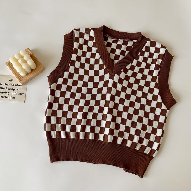 Áo len cổ chữ v không tay họa tiết sọc caro thời trang nữ