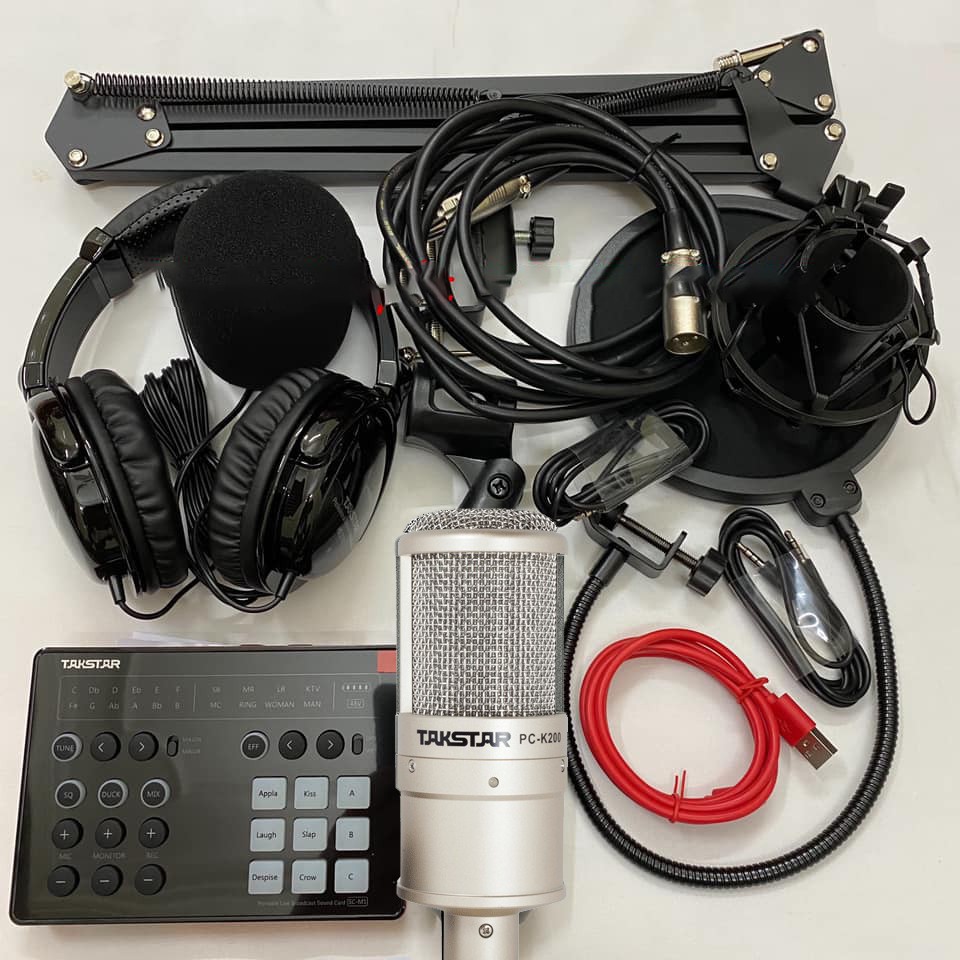 Combo trọn bộ sound card Takstar SC-M1 và Micro Takstar PC-K200 thu âm live stream, karaoke cực hay, kẹp bàn màng lọc
