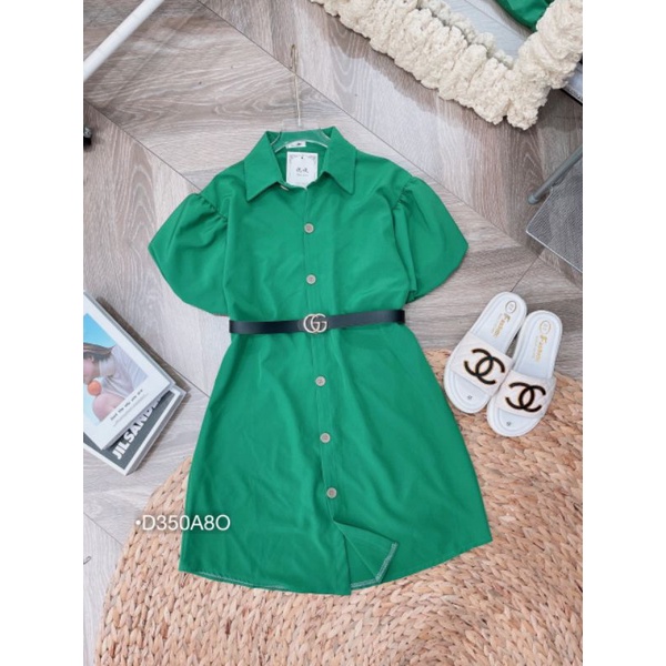 Váy Sơ Mi Suông Ngắn Tay Bồng Tiểu Thư Áo Kiểu Sơ Mi Form Dài Dáng Giấu Quần Kate Thô Mịn Màu Xanh Lá D305A8O