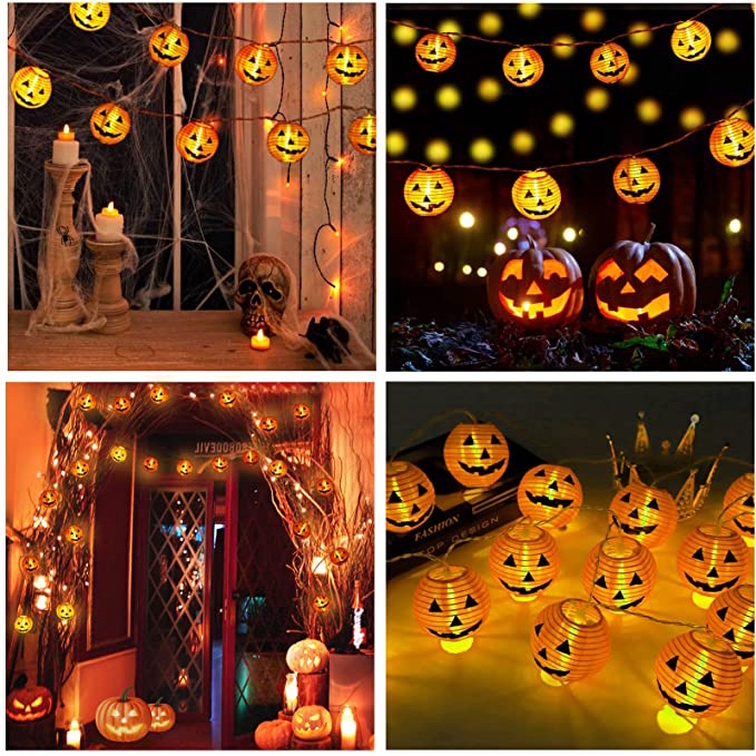 Dây đèn bí ngô bằng vải chạy pin 20 quả đường kính 7,5cm trang trí Halloween