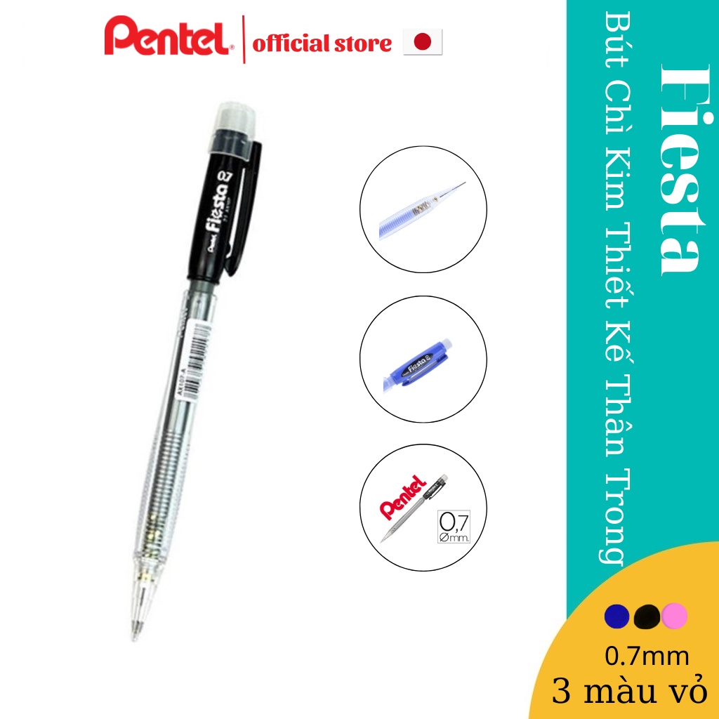 Bút Chì Kim Pentel Nhật Bản Fiesta AX107 Ngòi 0.7mm | Thiết Kế Thân Trong Đẹp Mắt |Trang Bị Đầu Tẩy Tiện Dụng | 3 Màu Vỏ
