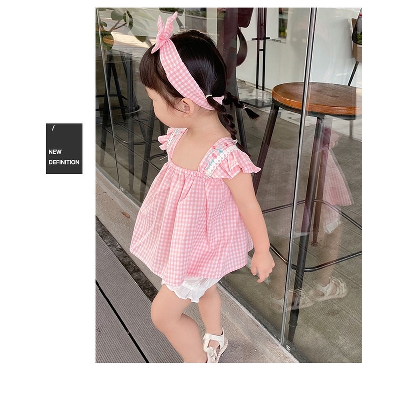 Set Đồ Mùa Hè 3 Món Gồm Đầm Không Tay + Quần Ngắn + Băng Cài Đầu Thời Trang Hàn Quốc Cho Bé Gái