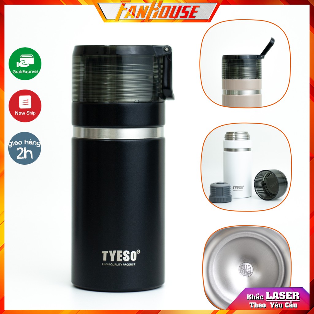 Bình nước Tyeso Cupdy chính hãng, nắp tách cốc inox 304 giữ nhiệt 16h Fan House tặng que rửa bình khắc tên theo yêu cầu