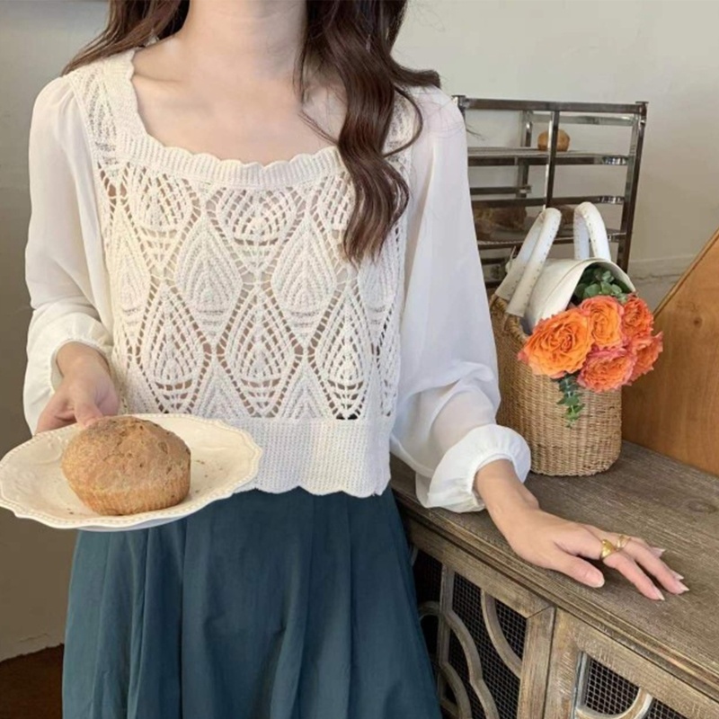 Áo Croptop Chiffon Dài Tay Họa Tiết Kim Cương Cho Nữ