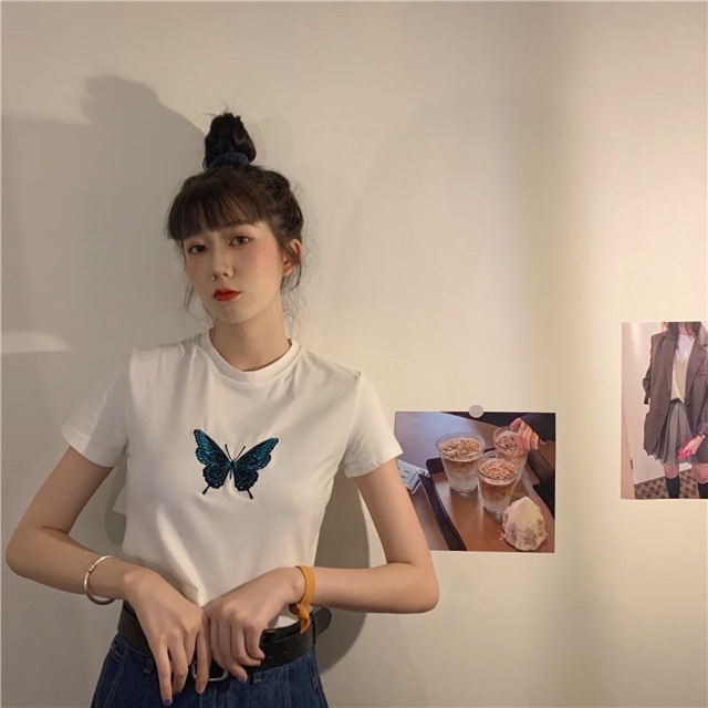 Áo croptop cộc tay, áo thêu bướm dưới 55kg LuxxyStore