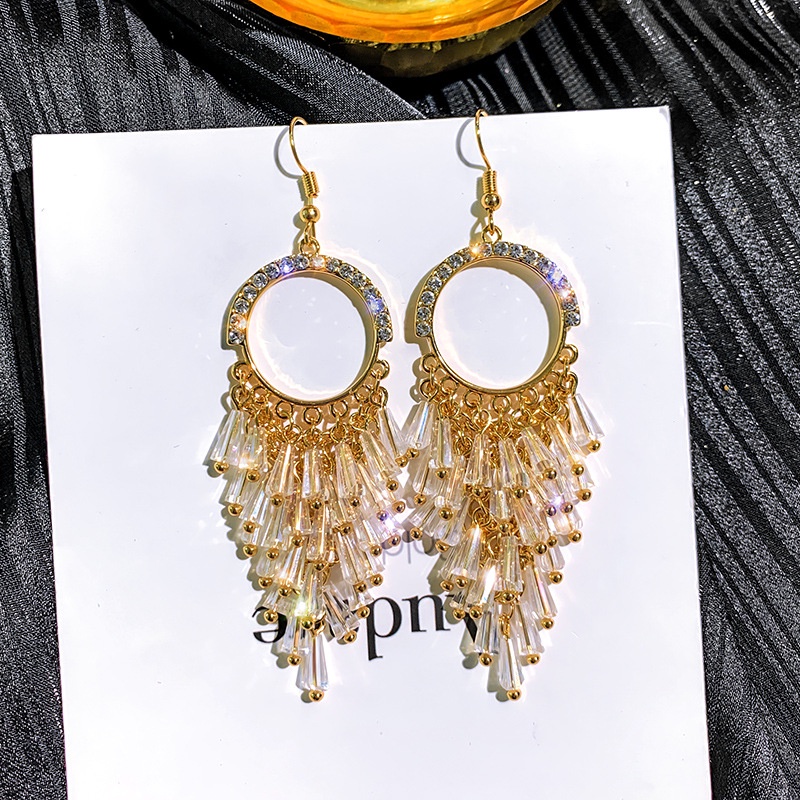 Đôi Khuyên Tai Dài Tua Rua Đính Đá Thời Trang Cho Nữ