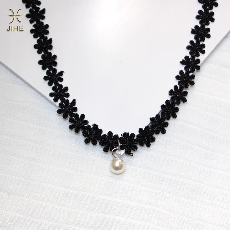 【JIHE】Vòng Cổ choker Phối Ren Đính Ngọc Trai Đen Phong Cách Nhật Hàn Thời Trang