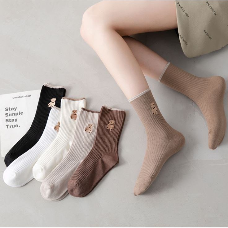 Combo 5 đôi tất nữ cổ cao Gấu Coffes đơn giản đẹp, vớ nữ rẻ đẹp