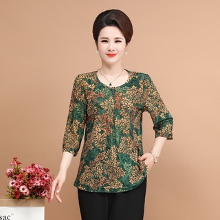 Áo kiểu trung niên nữ, Áo sơ mi họa tiết  đủ size 45-80kg cho mẹ, chất liệu thun cát thoáng mát nhiều màu