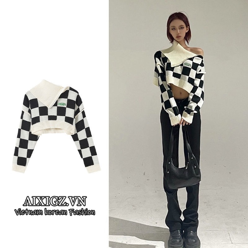 Áo Sweater Dệt Kim Cổ Lọ Dáng Rộng Ngắn Hở Vai Họa Tiết Sọc Caro Trắng Đen Thời Trang Xuân Thu 2022 Cho Bạn Gái