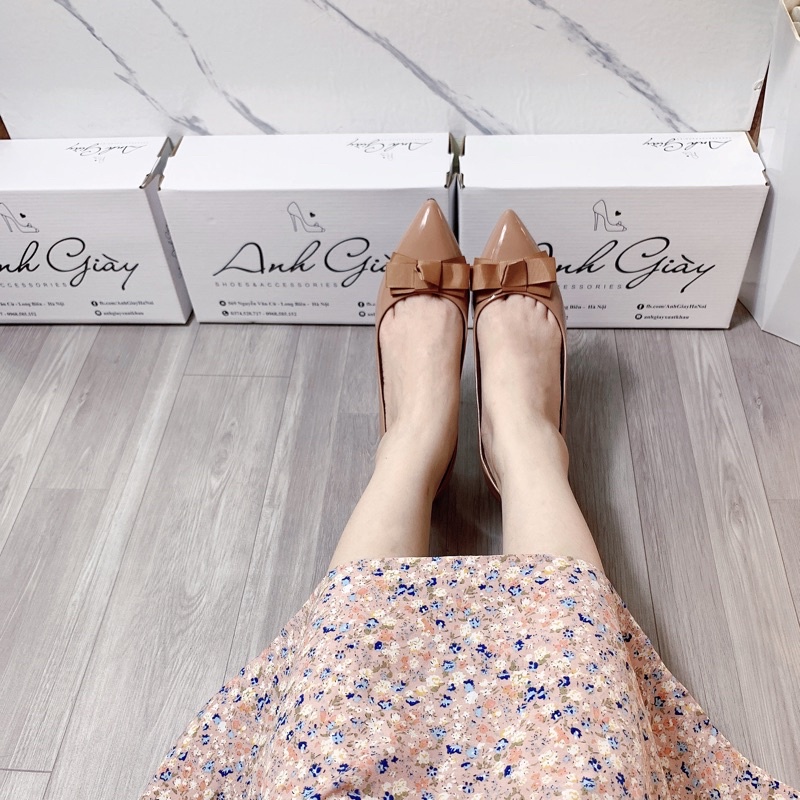 CG23 - Giày da bóng mũi nhọn gót vuông 3p nơ lụa cực xinh hàng VNXK