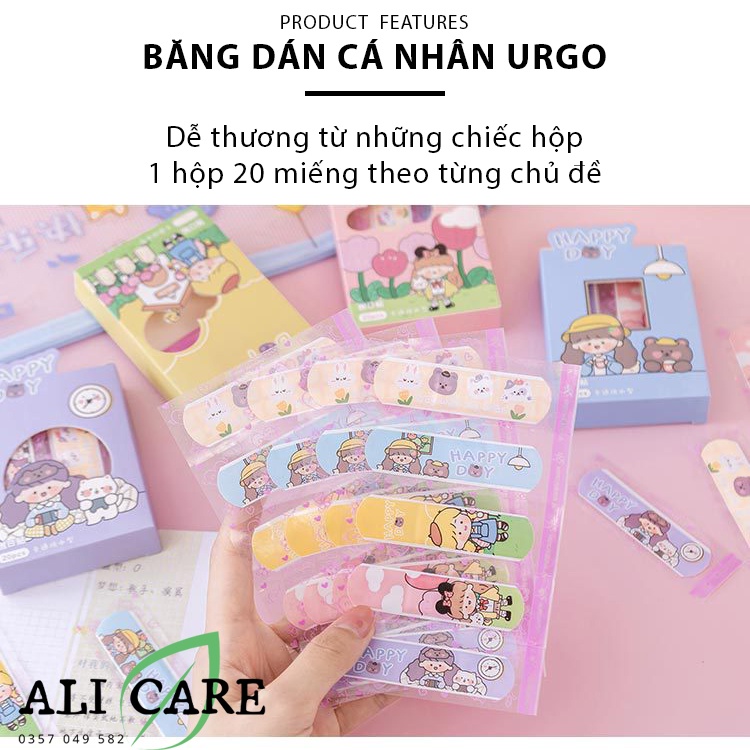 Băng dán cá nhân urgo hình họa tiết cute dễ thương, 1 hộp 20 miếng ơ gâu dán vết thương không thấm nước ALI CARE