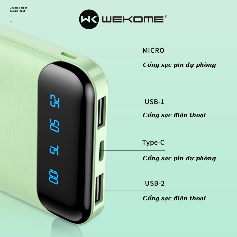 Sạc dự phòng 10000mah WEKOME WP161,  pin tích điện thiết kế nhỏ gọn cầm tay đèn lead hiển thị phần trăm pin kèm cáp sạc