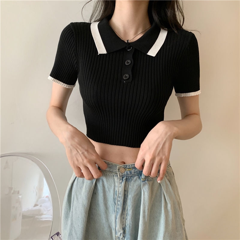 Áo Thun Croptop Dệt Kim Mỏng Tay Ngắn Cổ Polo Màu Sắc Tương Phản Đơn Giản Trẻ Trung | BigBuy360 - bigbuy360.vn