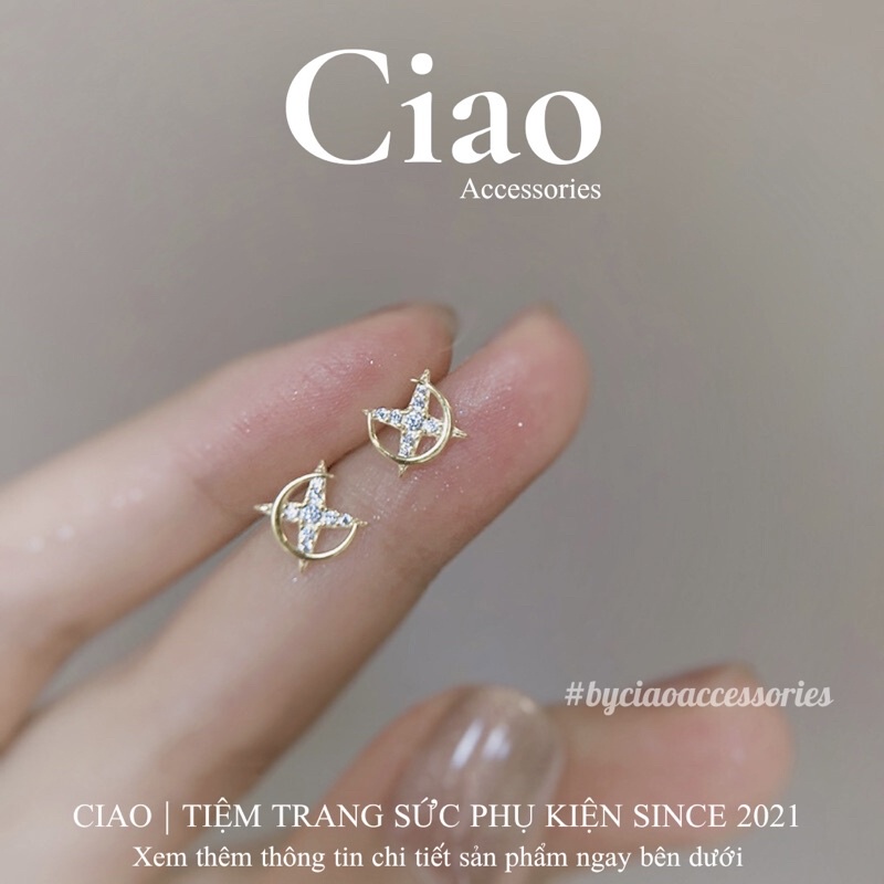 [HOẢ TỐC 1H] Khuyên tai/ Bông tai mạ bạc S925 thiết kế sun moon đính đá Maeby Tiny Ciao