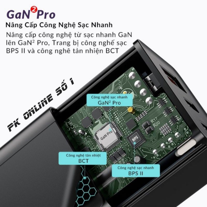 Củ sạc nhanh Baseus GaN 2 Pro 65W USB Quick Charge 4.0 Cho Iphone 12 Pro max / Macbook/ Laptop [Tặng Cap C to C]