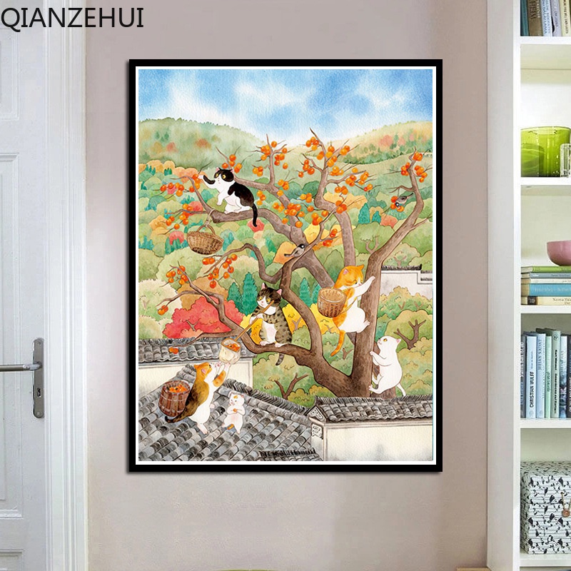 Bộ Tranh Thêu Chữ Thập DIY Hình Mèo May Mắn 11CT