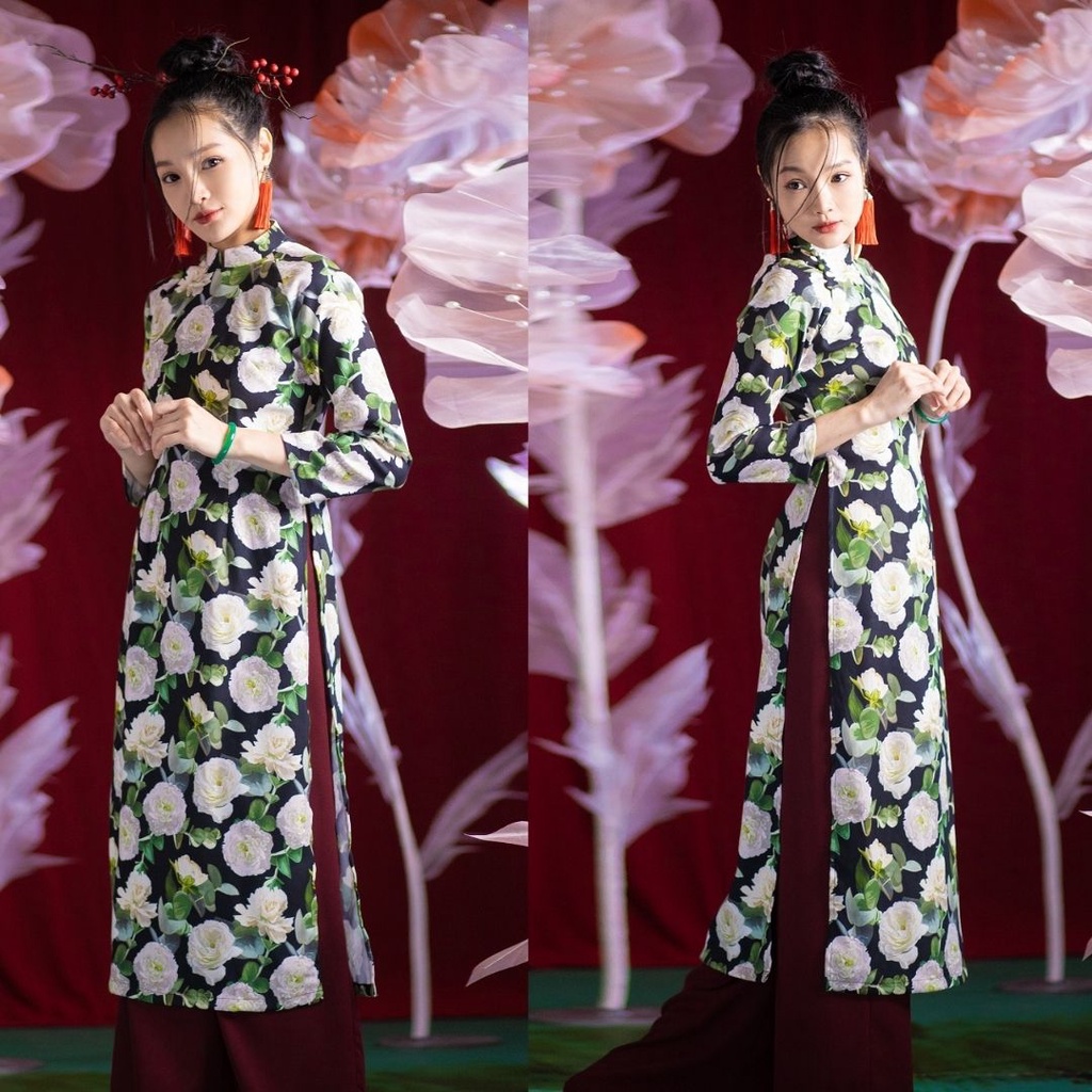 Áo dài Tiểu Hoa Xuân - Họa Tiết Hoa Trà form truyền thống AD111