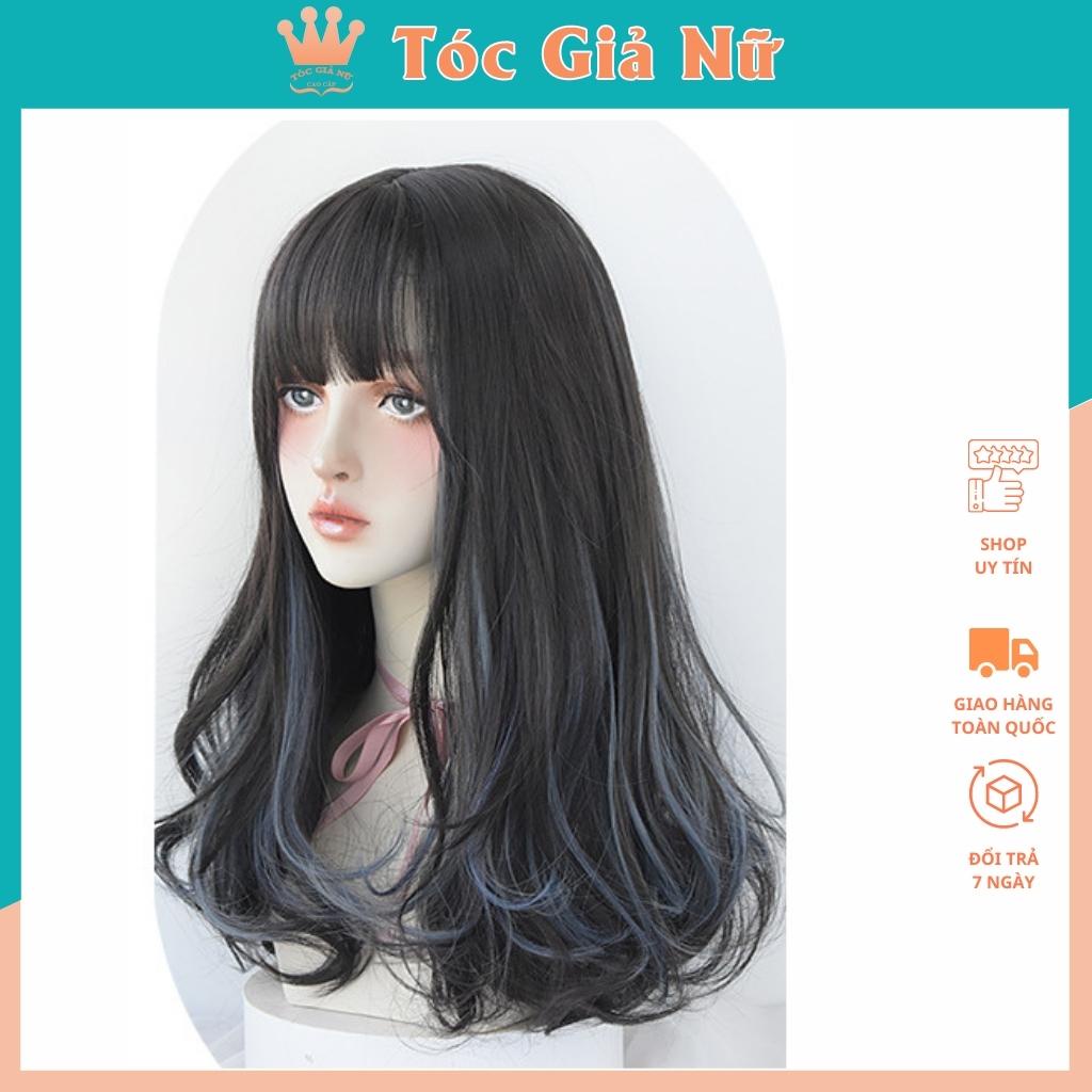 Tóc giả nữ nguyên đầu xoăn nhẹ phối line xanh dương, mẫu lửng 45cm, tặng lưới wig, TGN, C8267