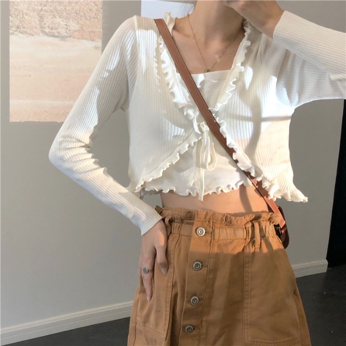 SET CARDIGAN TĂM MỎNG + ÁO QUÂY NỮ ĐEN TRẮNG - CROPTOP THIẾT KẾ DÂY VIỀN BÈO  - SET ÁO KHOÁC CROP CỘT BÈ | BigBuy360 - bigbuy360.vn